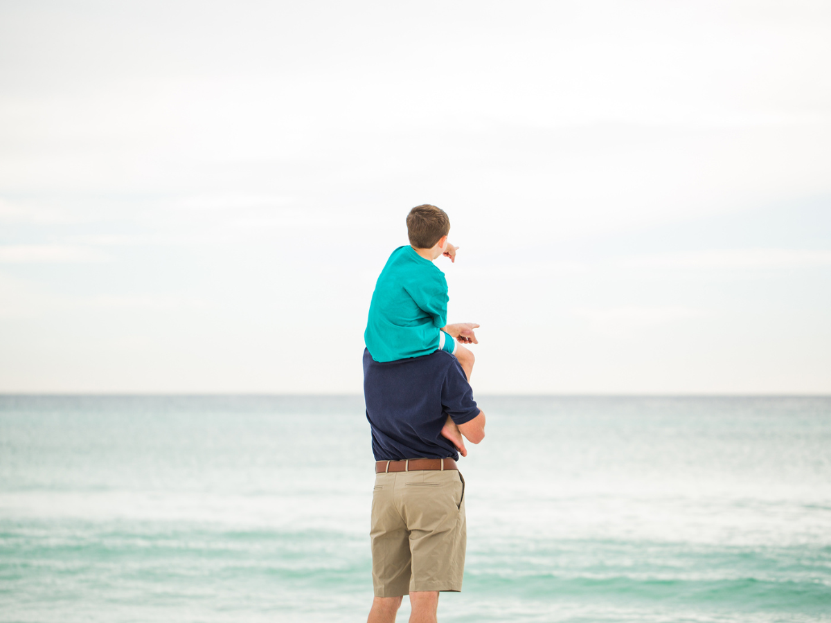 Son on Dad's Shoulder Overlooking the Water
